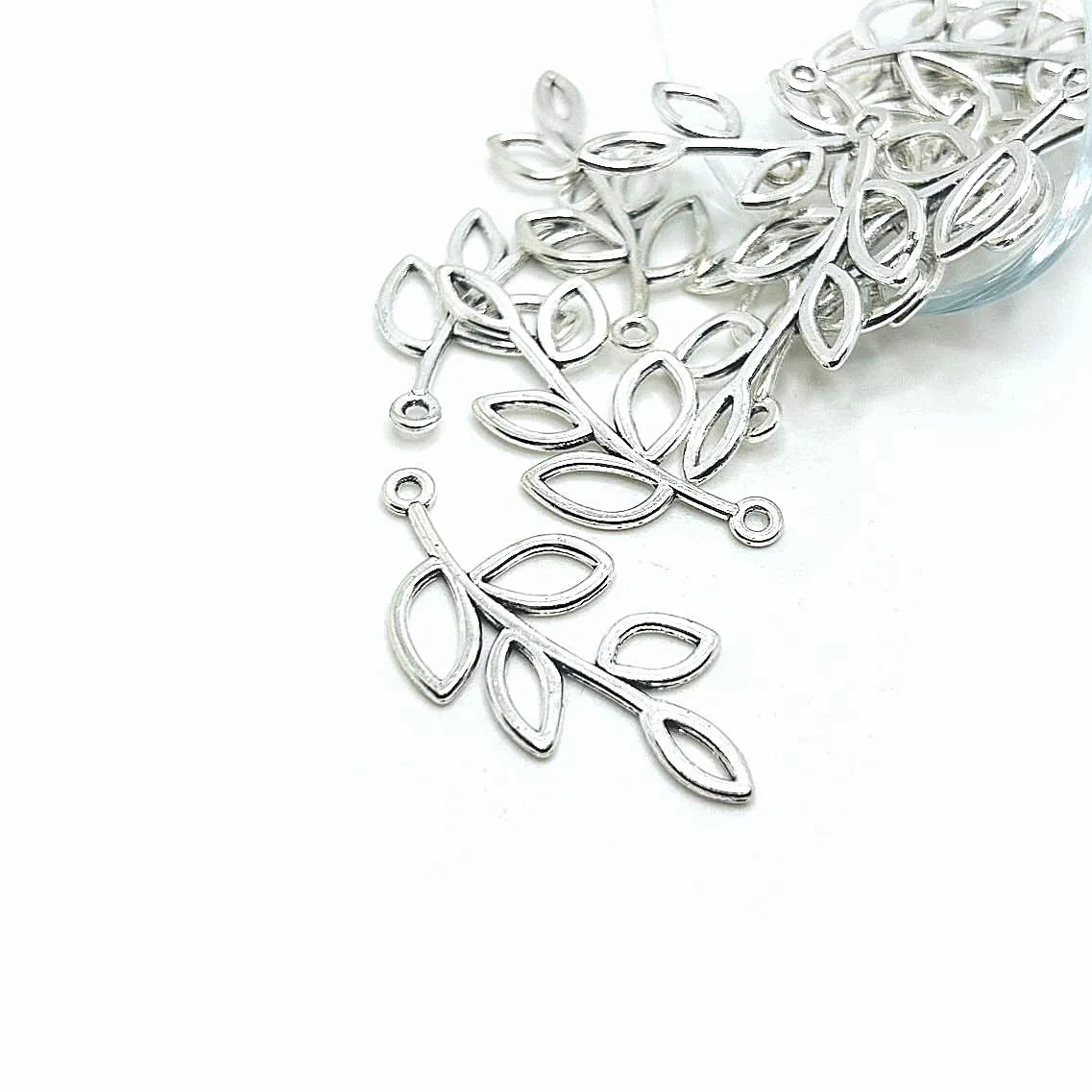 4, 20 or 50 Pieces: Antiqued Silver Tree Branch Charm, Leaf Connector
