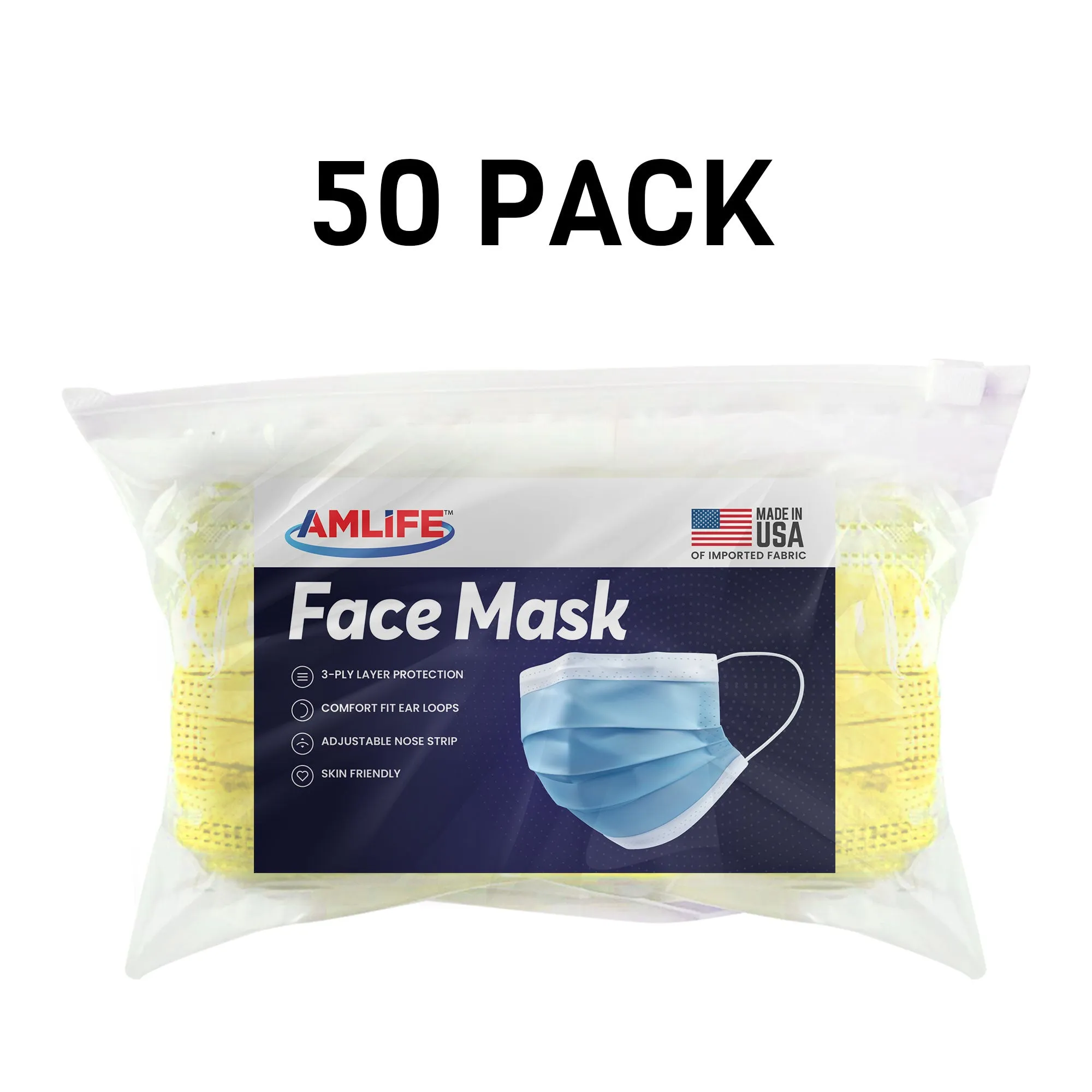 Amlife Face Mask Packs Disposable 3-Ply Filter - Made in USA with Imported Fabric - Yellow