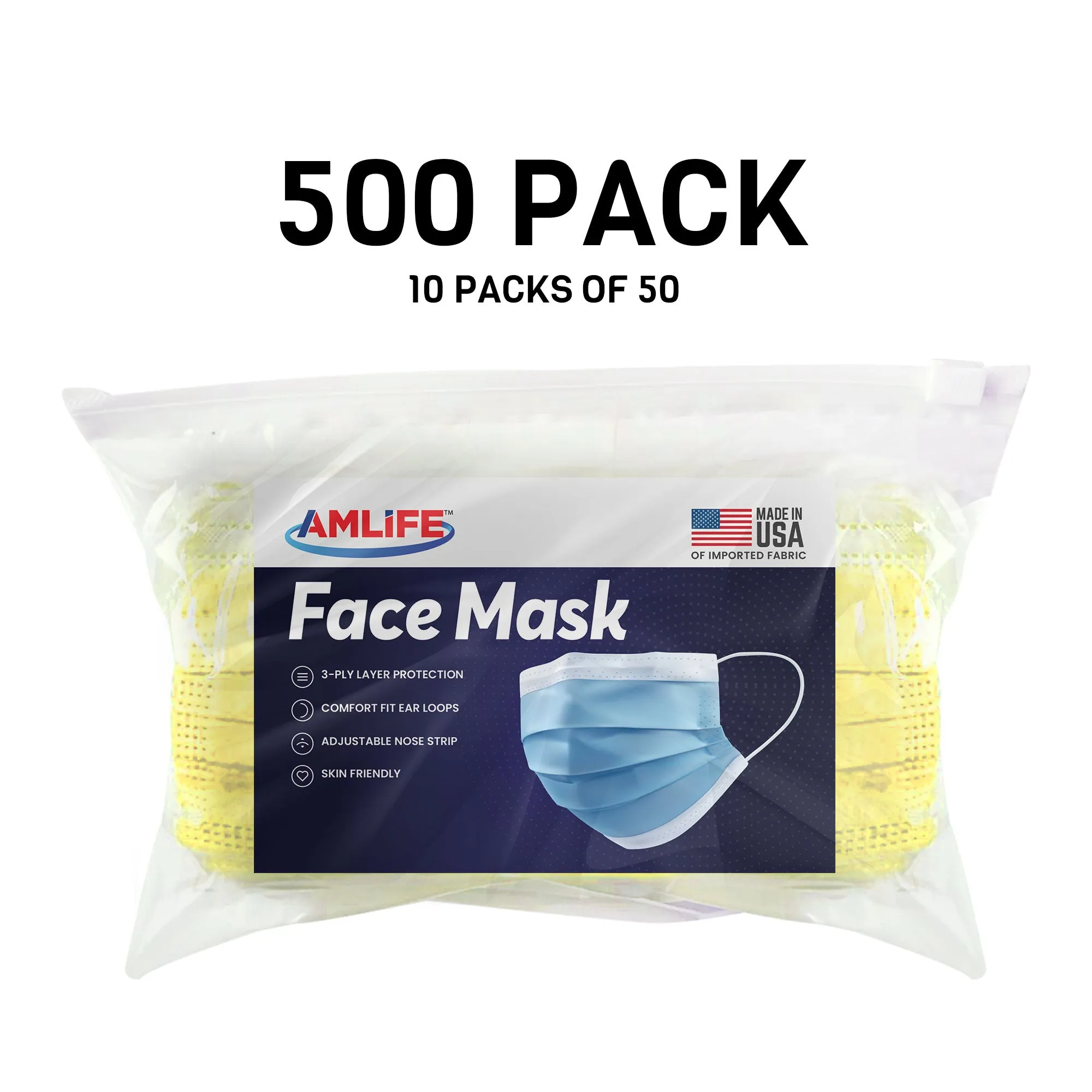 Amlife Face Mask Packs Disposable 3-Ply Filter - Made in USA with Imported Fabric - Yellow
