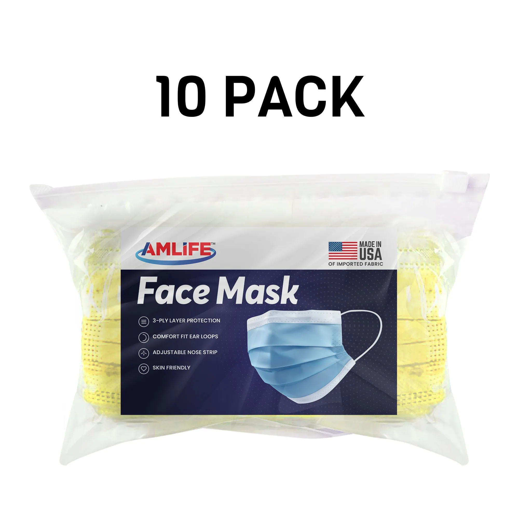 Amlife Face Mask Packs Disposable 3-Ply Filter - Made in USA with Imported Fabric - Yellow
