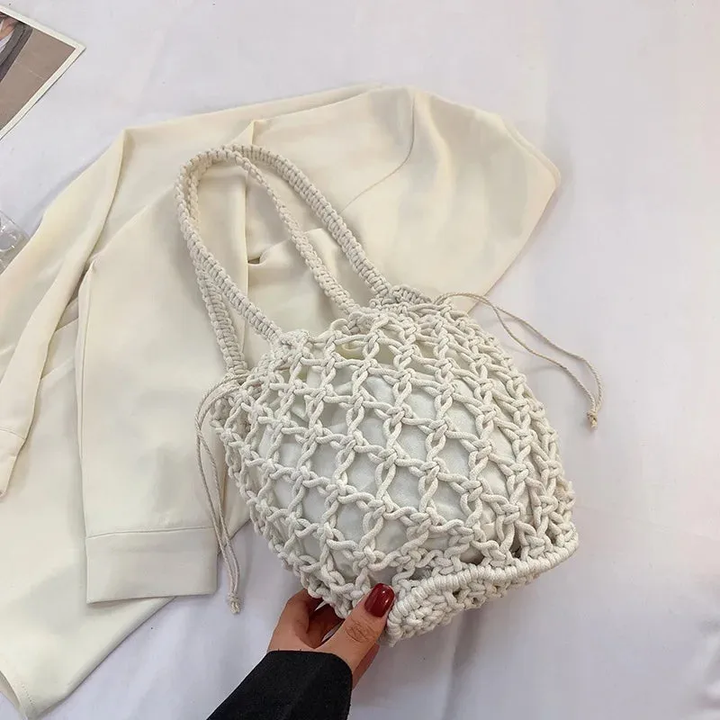 Amozae-Summer Beach Bag For Women Mesh Rope Knitted Bucket Shoulder Bags  Reticulate Hollow Travel Shopper Totes Ladies Fashion Handbag