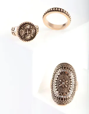 Antique Gold Etched Shield Ring 3 Pack