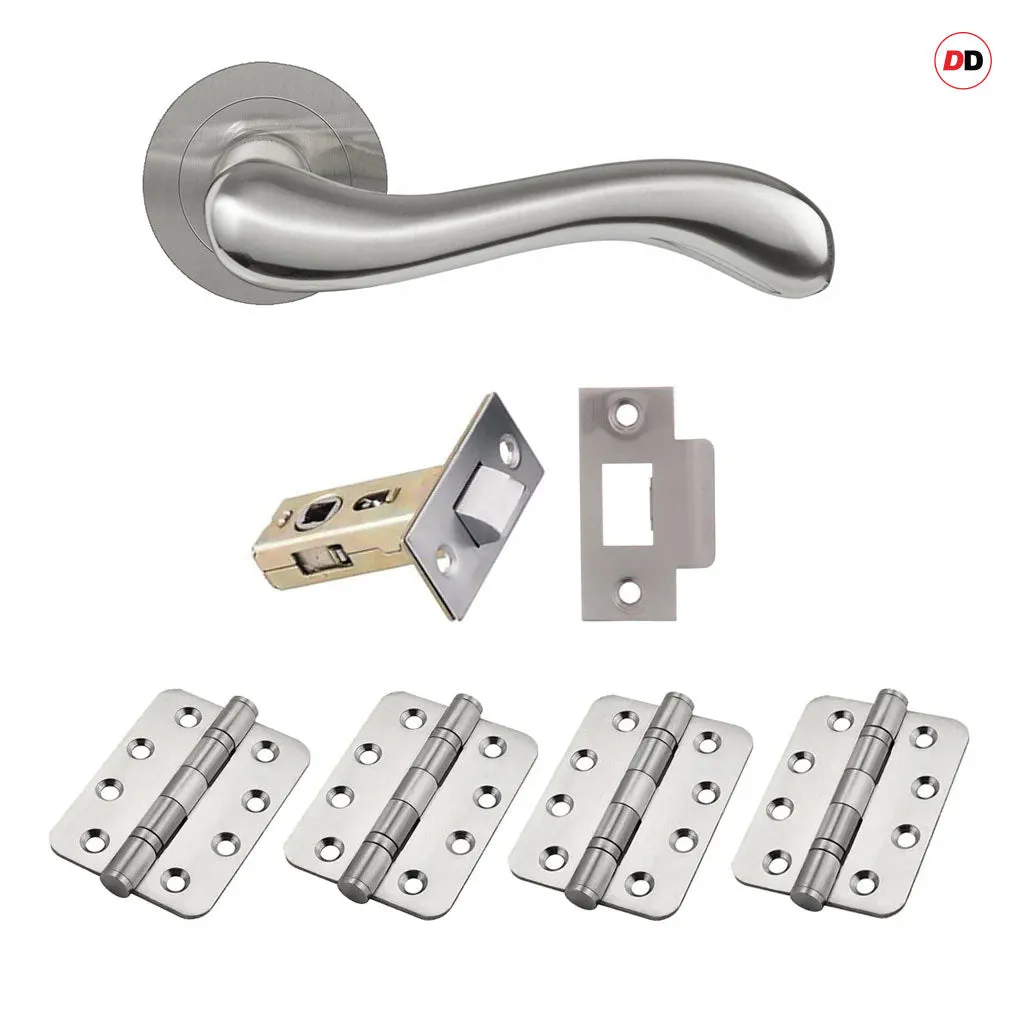 Bari Door Lever Handle Pack - 4 Radius Cornered Hinges - Satin Finish