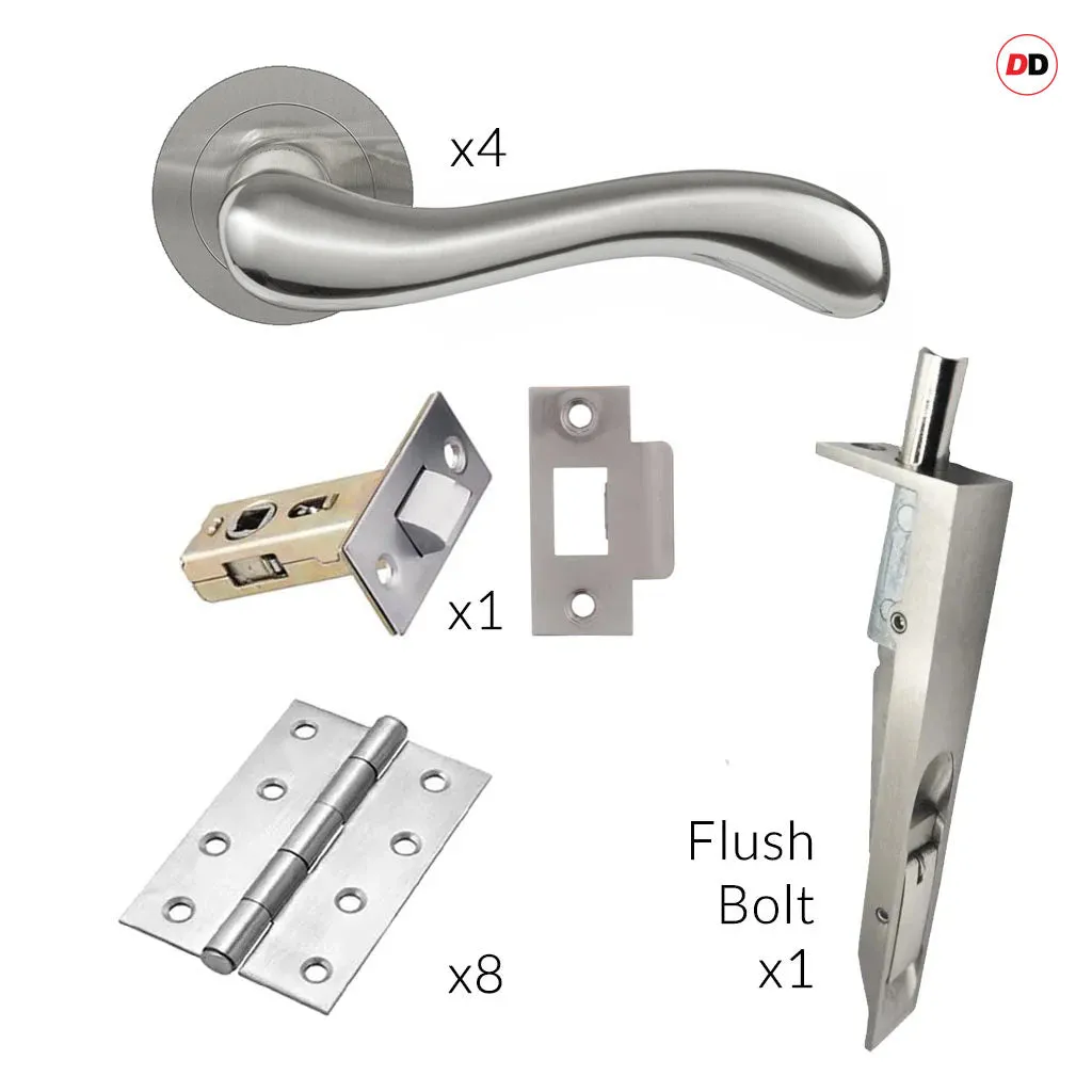 Bari Double Door Lever Handle Pack - 8 Square Hinges - Satin Finish - Combo Handle and Accessory Pack