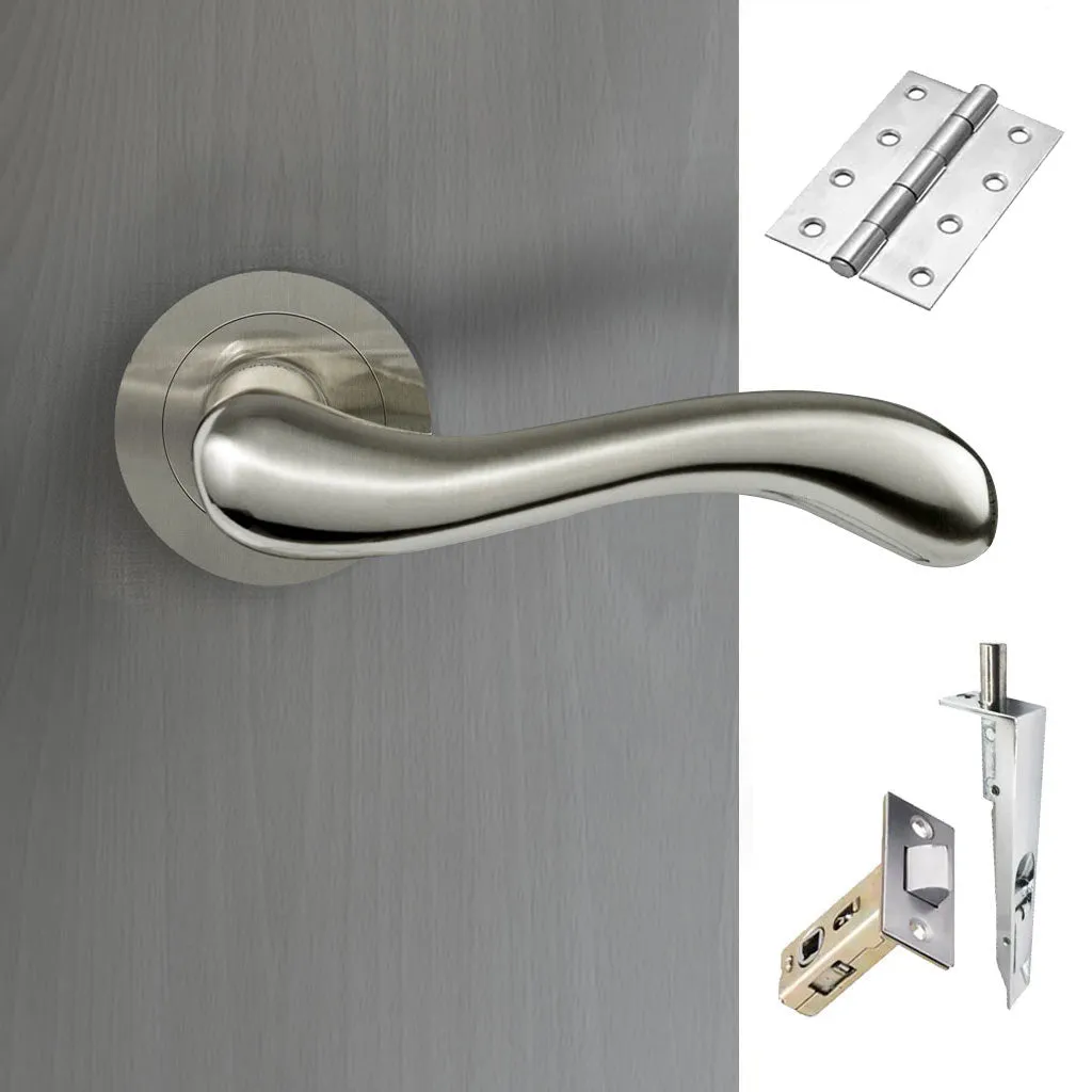 Bari Double Door Lever Handle Pack - 8 Square Hinges - Satin Finish - Combo Handle and Accessory Pack