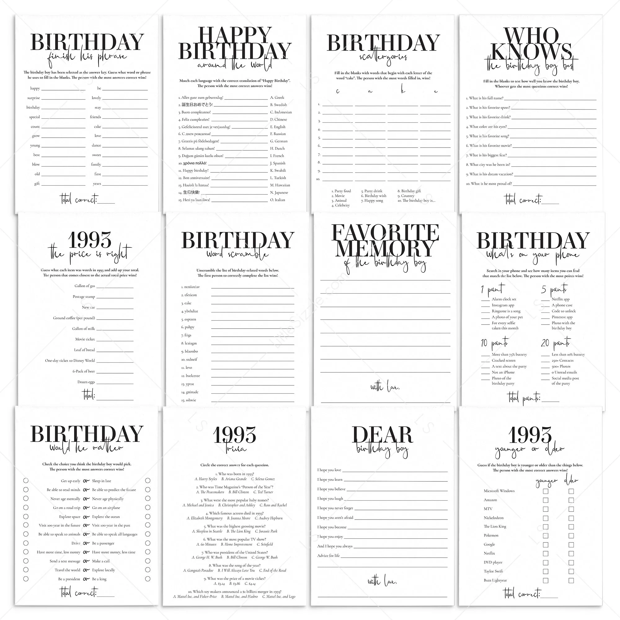 Born in 1993 31st Birthday Party Games Bundle For Men