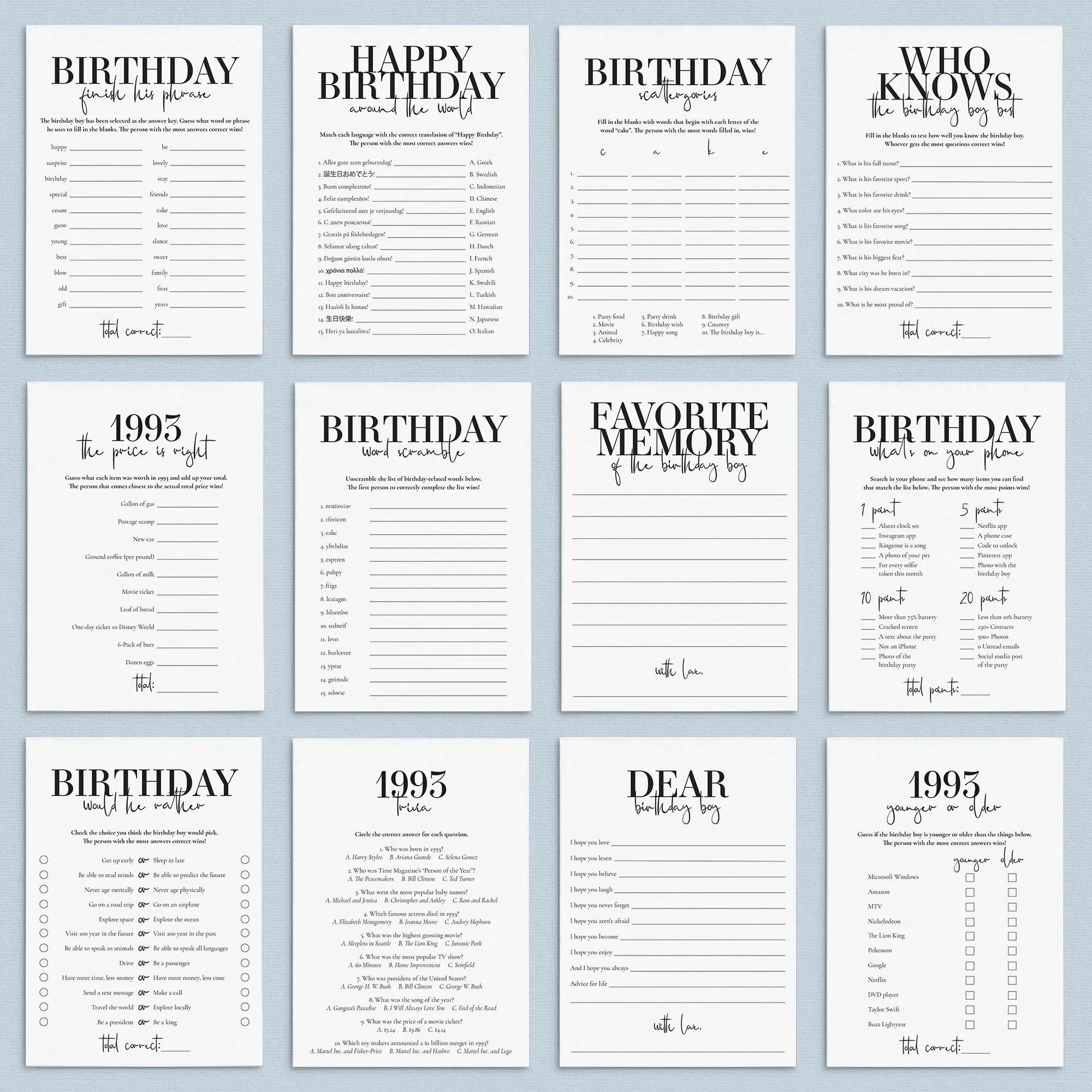 Born in 1993 31st Birthday Party Games Bundle For Men