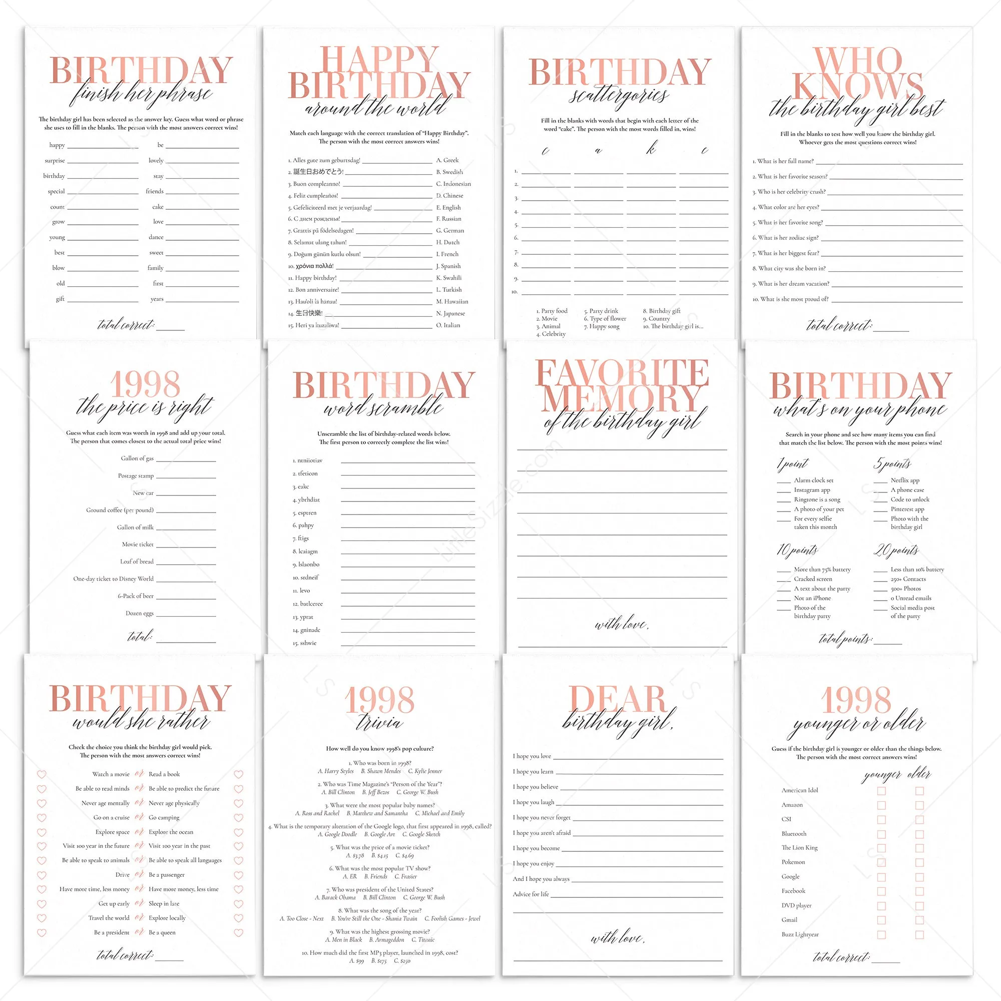 Born In 1998 26th Birthday Party Games Bundle For Women