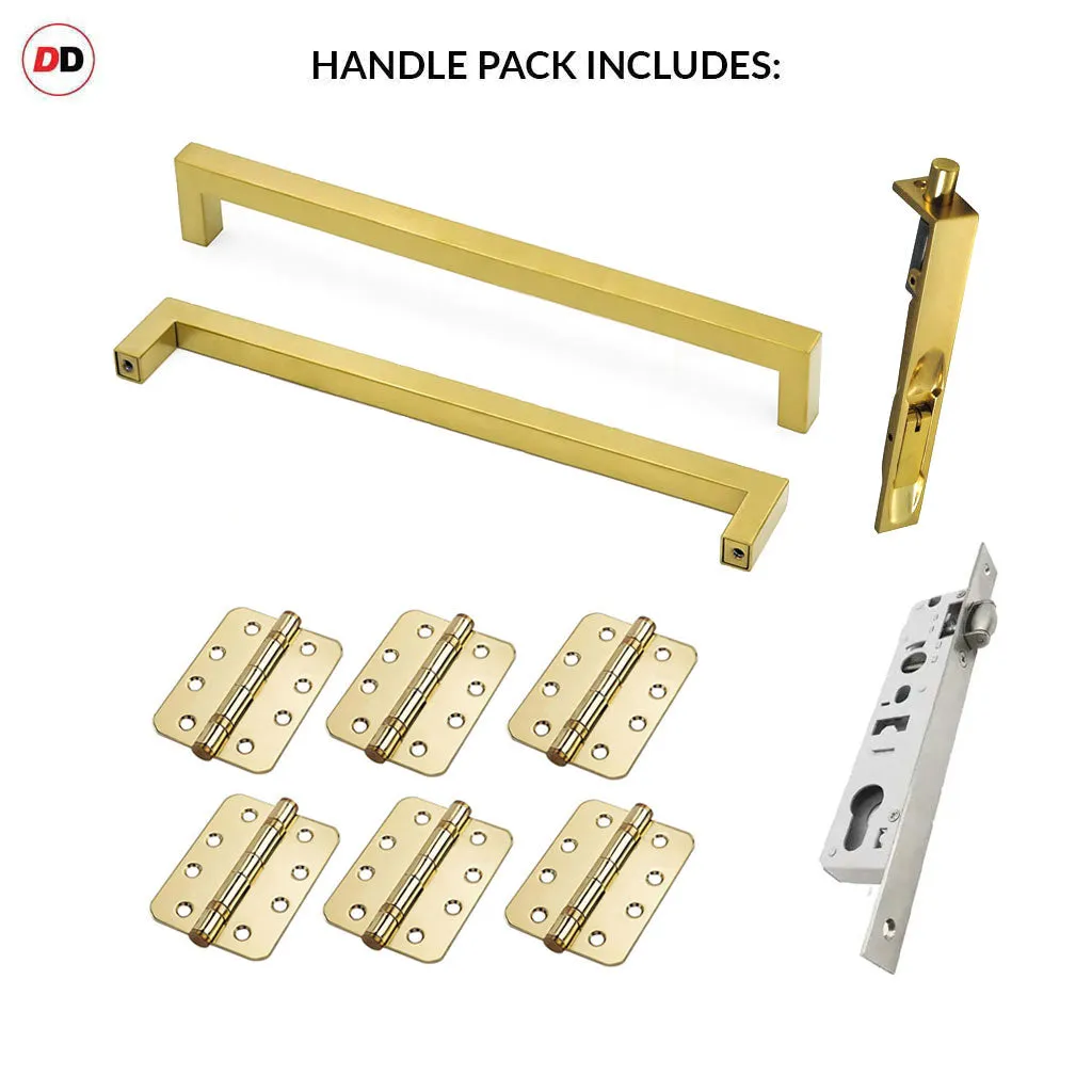 Concord XL 400mm Back to Back Double Door Pull Handle Pack - 6 Radius Cornered Hinges - Polished Gold Finish