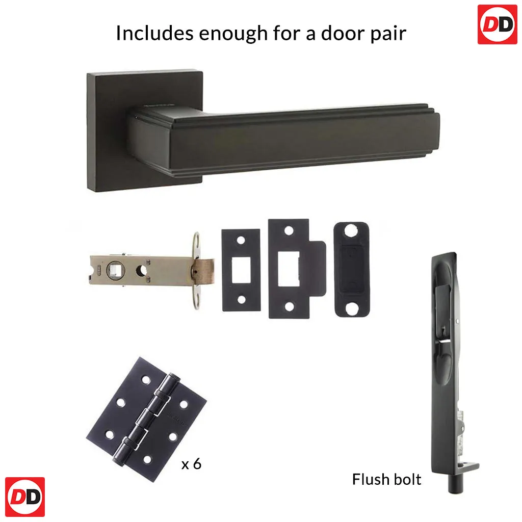 Double Door Pack Forme Alila Designer Lever on Minimal Square Rose Matt Black Combo Handle & Accessory Pack