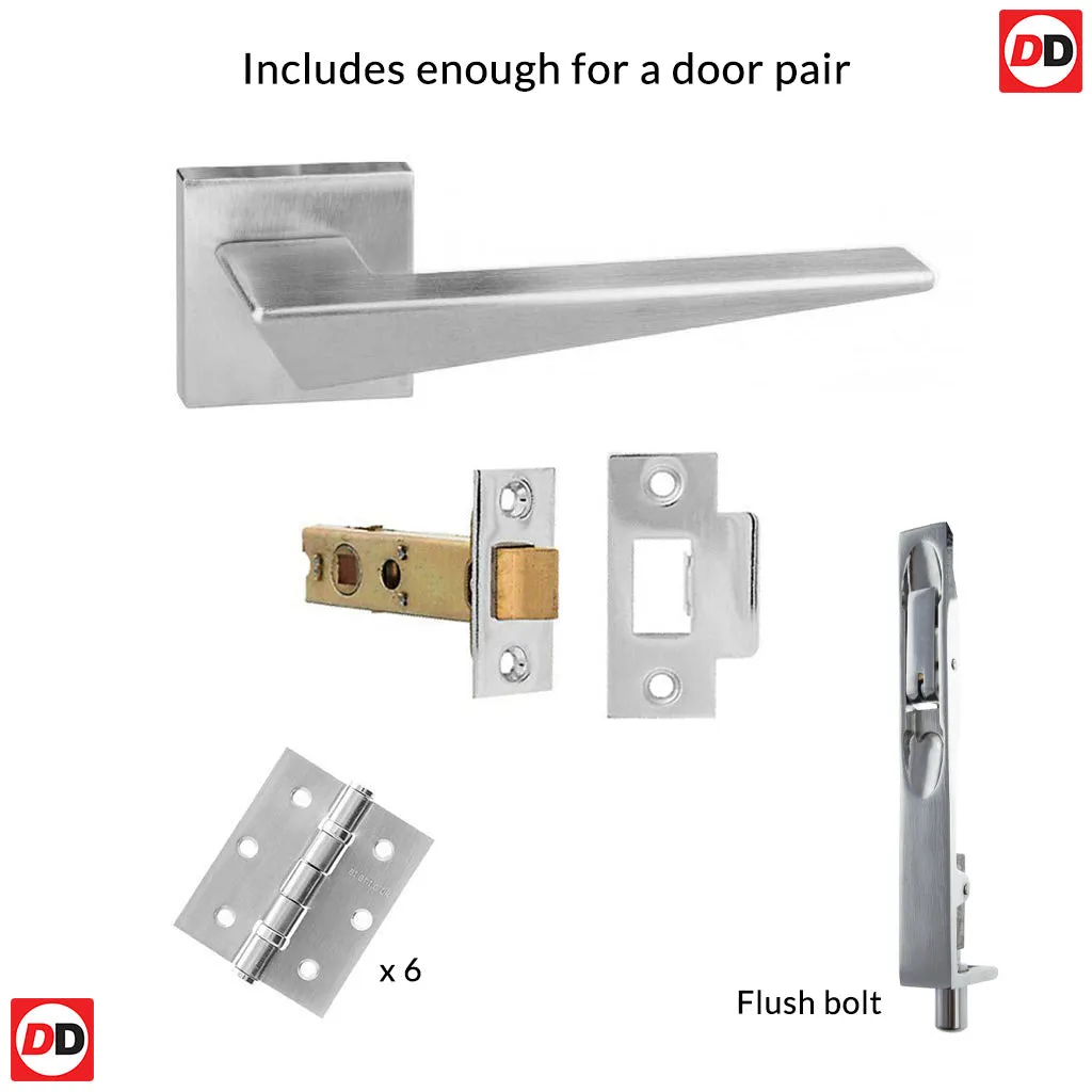 Double Door Pack Forme Naxos Designer Lever on Minimal Square Rose Satin Chrome Combo Handle & Accessory Pack