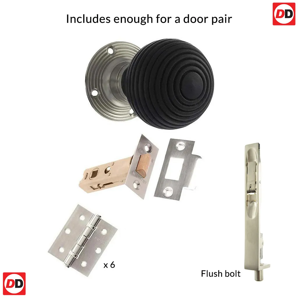 Double Door Pack Whitby Reeded Ebony Wood Old English Mortice Knob Satin Nickel Combo Handle & Accessory Pack