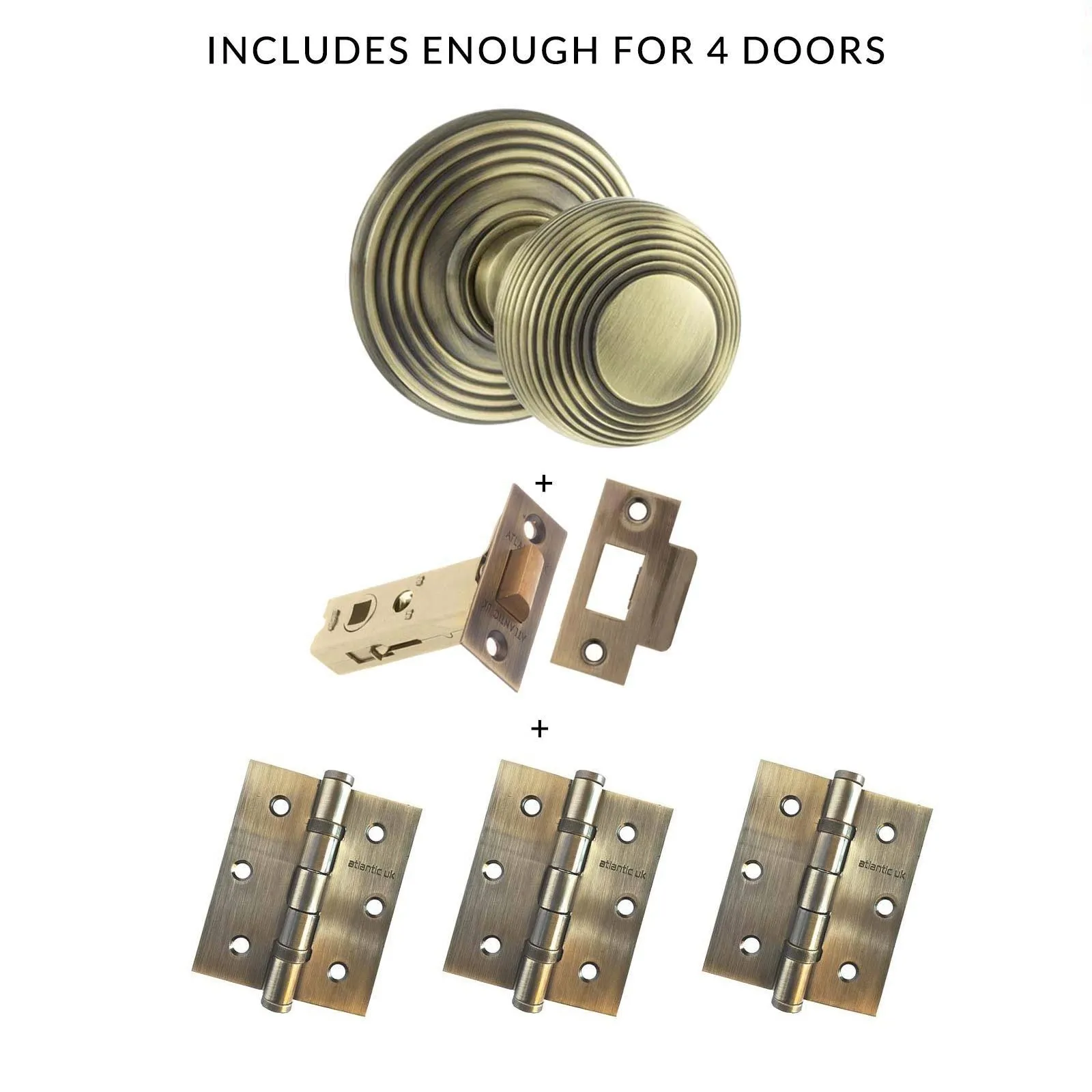 Four Pack Ripon Reeded Old English Mortice Knob Antique Brass Combo Handle Pack