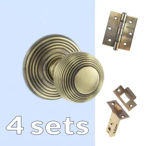 Four Pack Ripon Reeded Old English Mortice Knob Antique Brass Combo Handle Pack