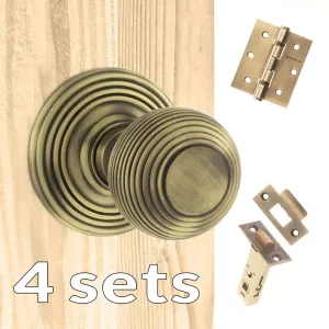 Four Pack Ripon Reeded Old English Mortice Knob Matt Antique Brass Combo Handle Pack