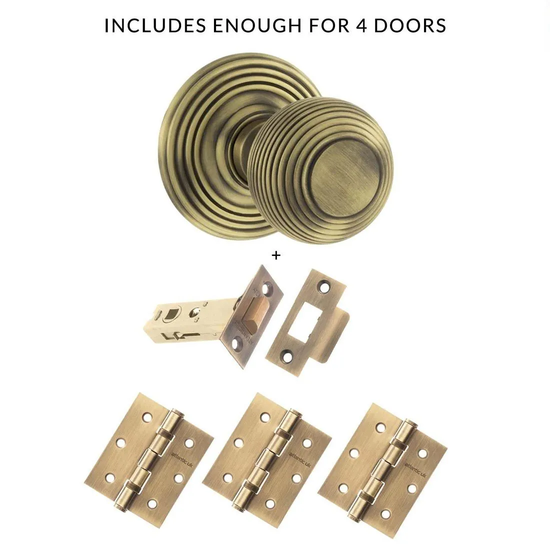Four Pack Ripon Reeded Old English Mortice Knob Matt Antique Brass Combo Handle Pack