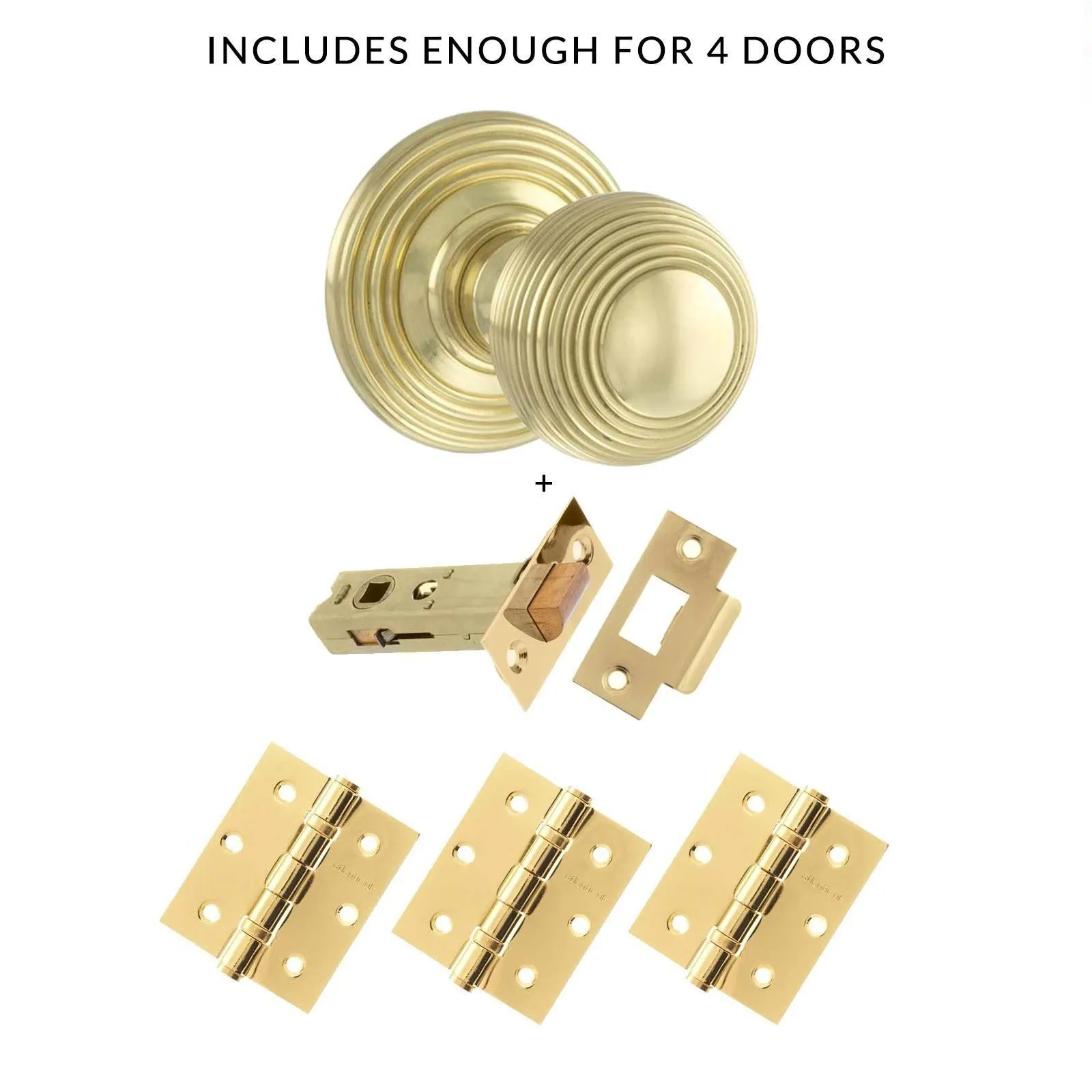Four Pack Ripon Reeded Old English Mortice Knob Polished Brass Combo Handle Pack