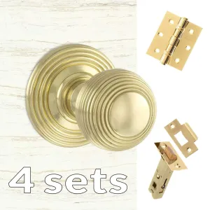 Four Pack Ripon Reeded Old English Mortice Knob Polished Brass Combo Handle Pack