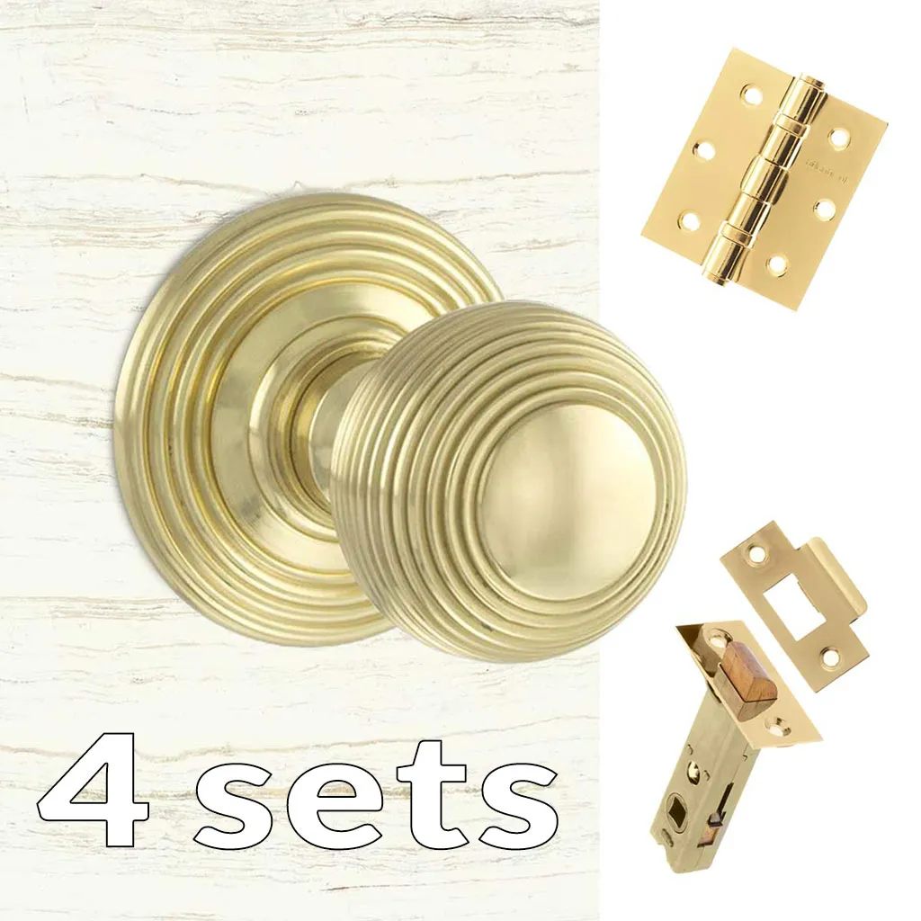 Four Pack Ripon Reeded Old English Mortice Knob Polished Brass Combo Handle Pack