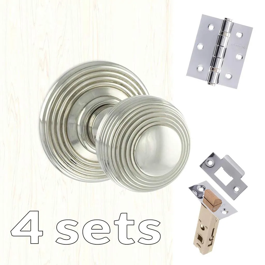 Four Pack Ripon Reeded Old English Mortice Knob Polished Nickel Combo Handle Pack