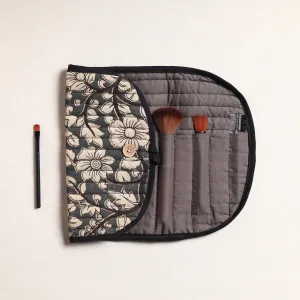 Grey - Kalamkari Fabric Multipurpose Segmented Make-up Brush Wrap Pouch/Case