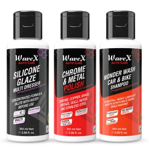 KIT-SCWW Silicone Glaze Polish 100ml, Chrome and Metal Polish 100ml and Wonder Wash Car and Bike Shampoo 100ml Combo