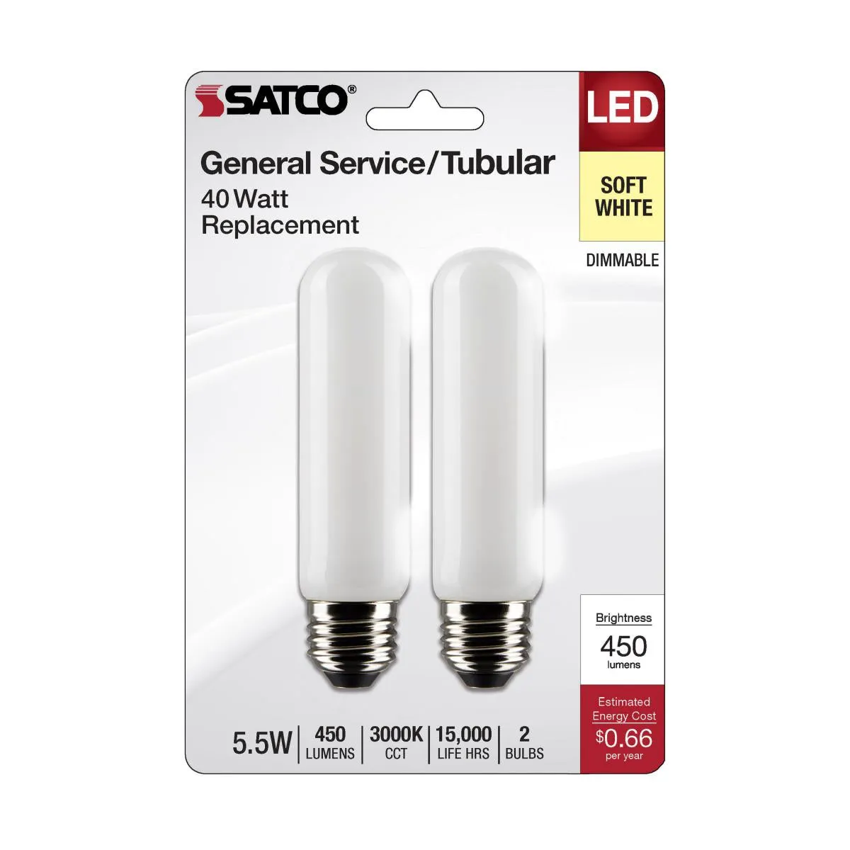 LED T10 Single Tube Bulb, 6W, 450lm, 3000K, 40W Equal, E26 Medium, Clear Finish, Pack Of 2
