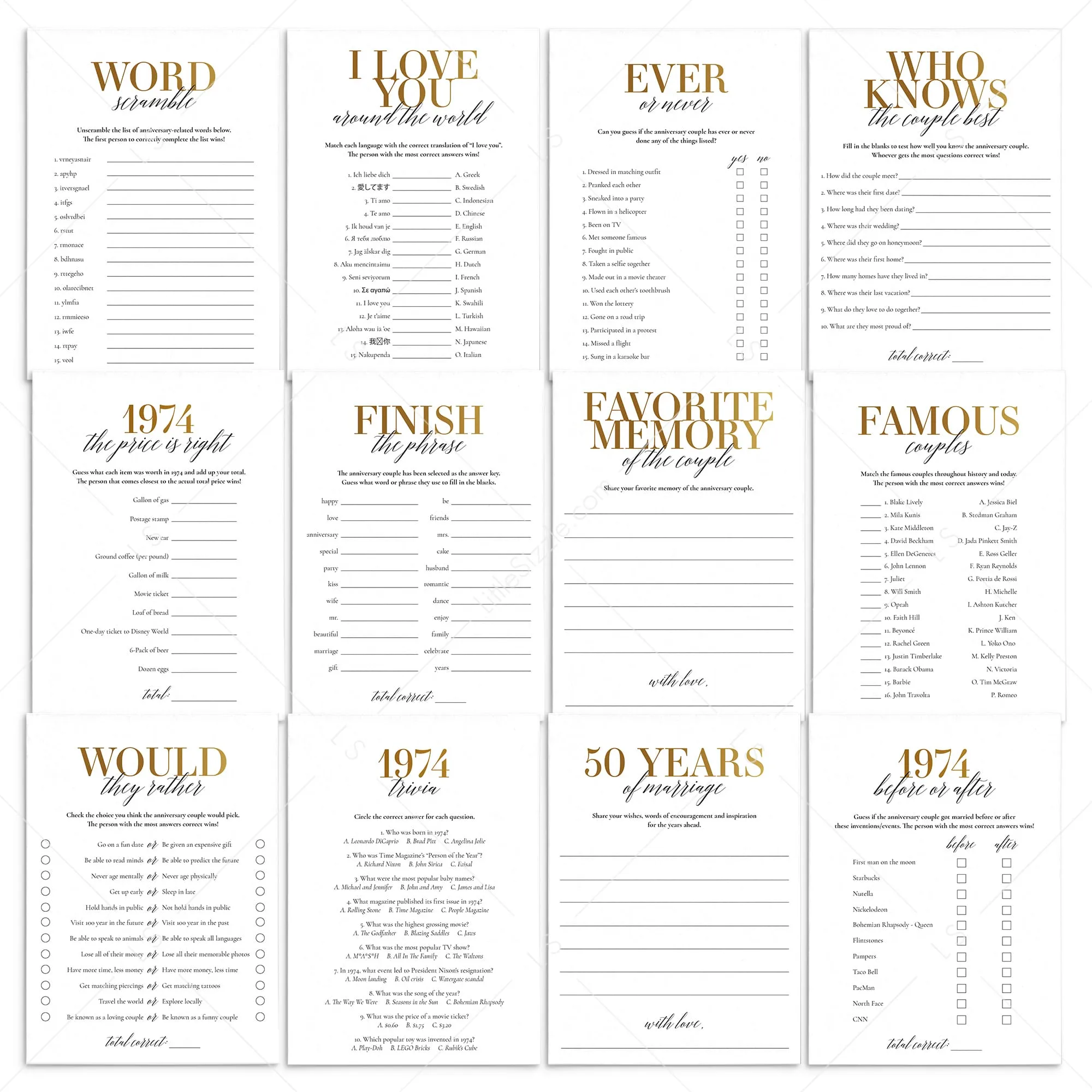 Married In 1974 50th Wedding Anniversary Party Games Bundle Golden