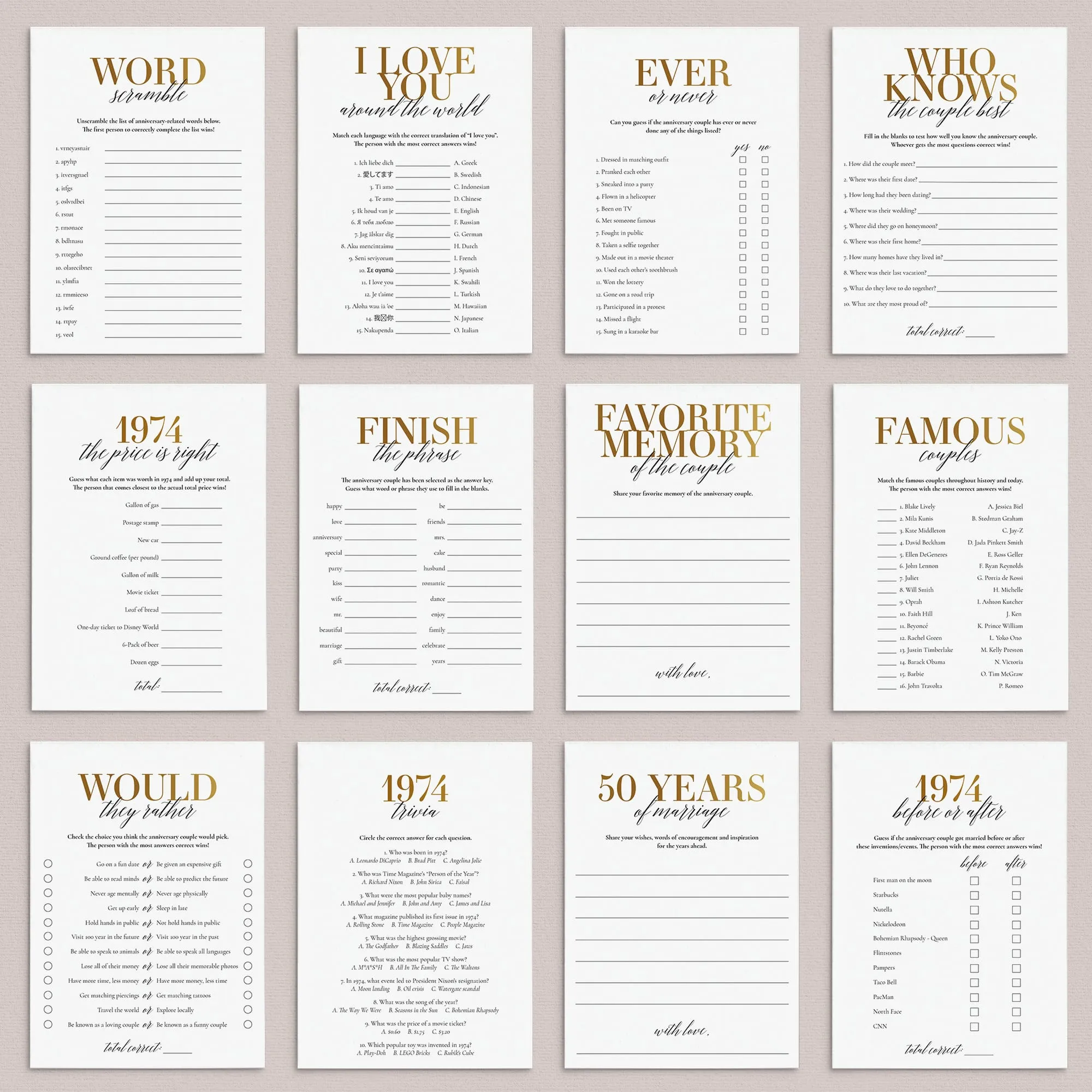Married In 1974 50th Wedding Anniversary Party Games Bundle Golden