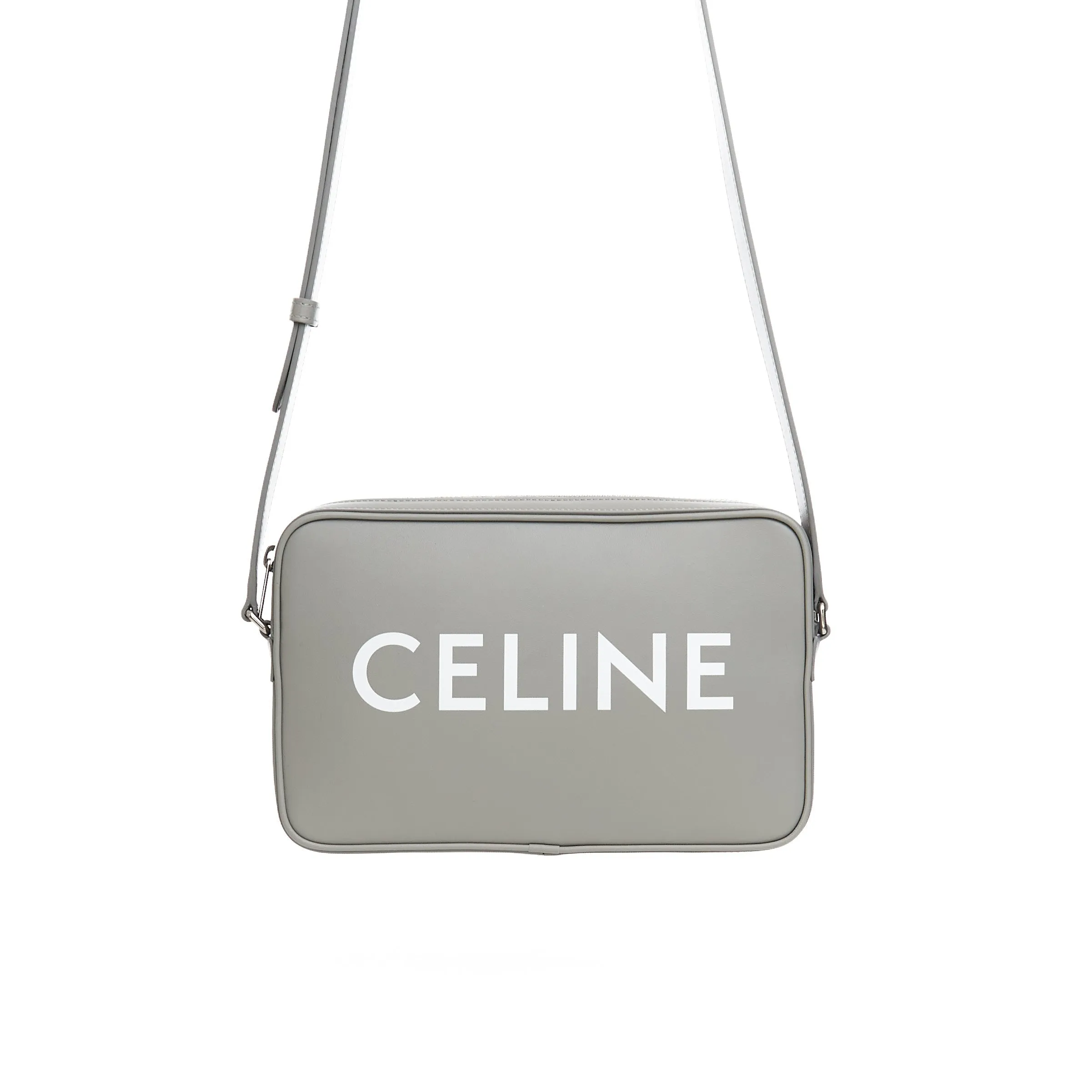 Medium Messenger Bag In Pale Grey Smooth Calfskin With Logo Print
