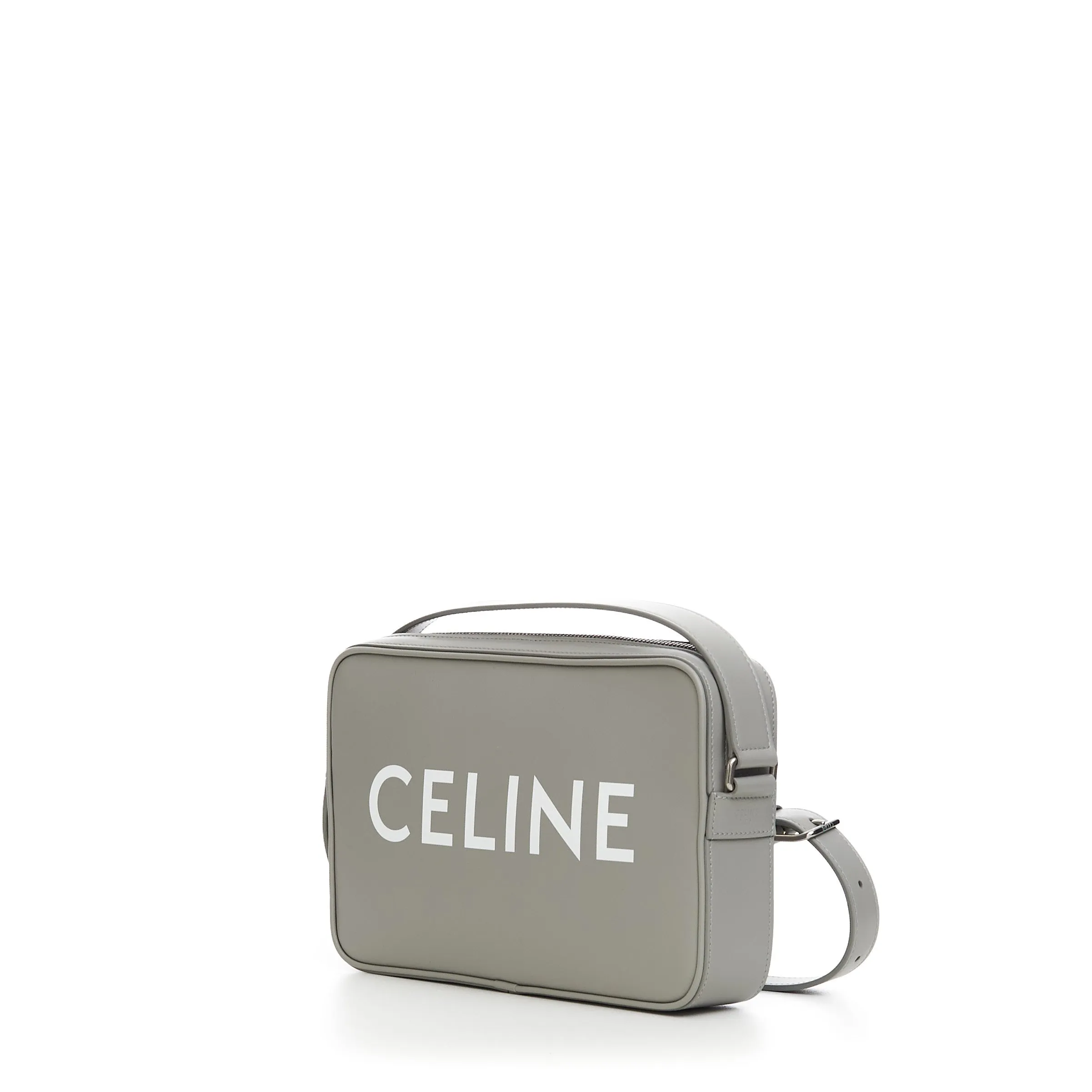 Medium Messenger Bag In Pale Grey Smooth Calfskin With Logo Print
