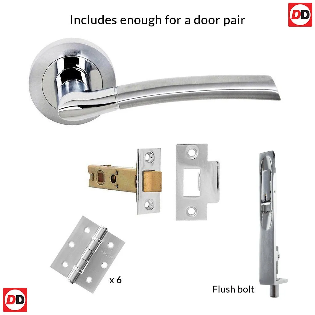 Rebated Double Door Pack Indiana Status Lever on Round Rose Satin Chrome Polished Chrome Combo Handle & Accessory Pack