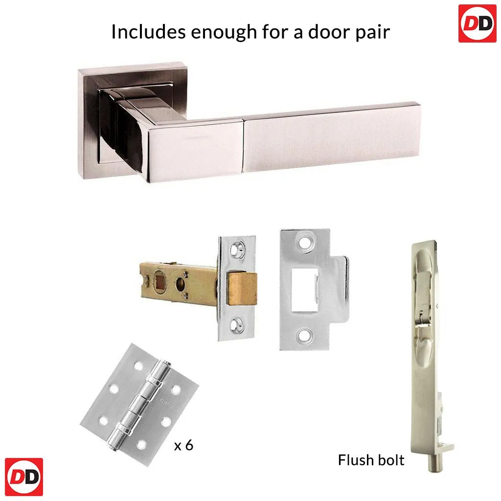 Rebated Double Door Pack Senza Pari Casalli Lever on Square Rose Satin Nickel/Polished Nickel Combo Handle & Accessory Pack