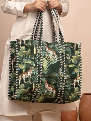 Safari Green Printed Quilted  Tote Bag with Inner Pocket