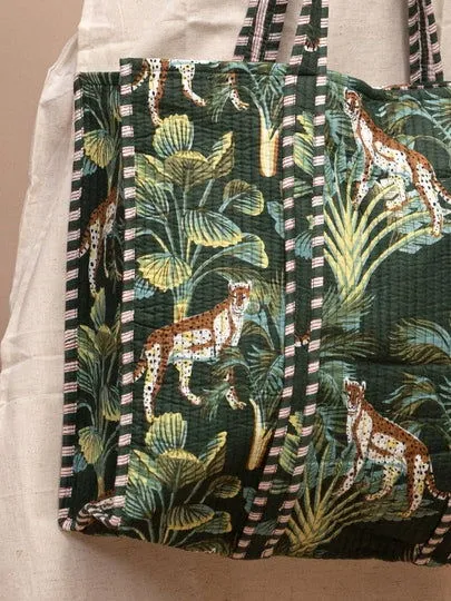 Safari Green Printed Quilted  Tote Bag with Inner Pocket