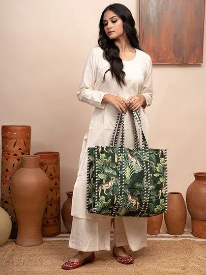 Safari Green Printed Quilted  Tote Bag with Inner Pocket