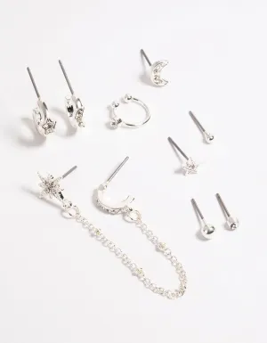 Silver Celestial Chain Stack Earrings
