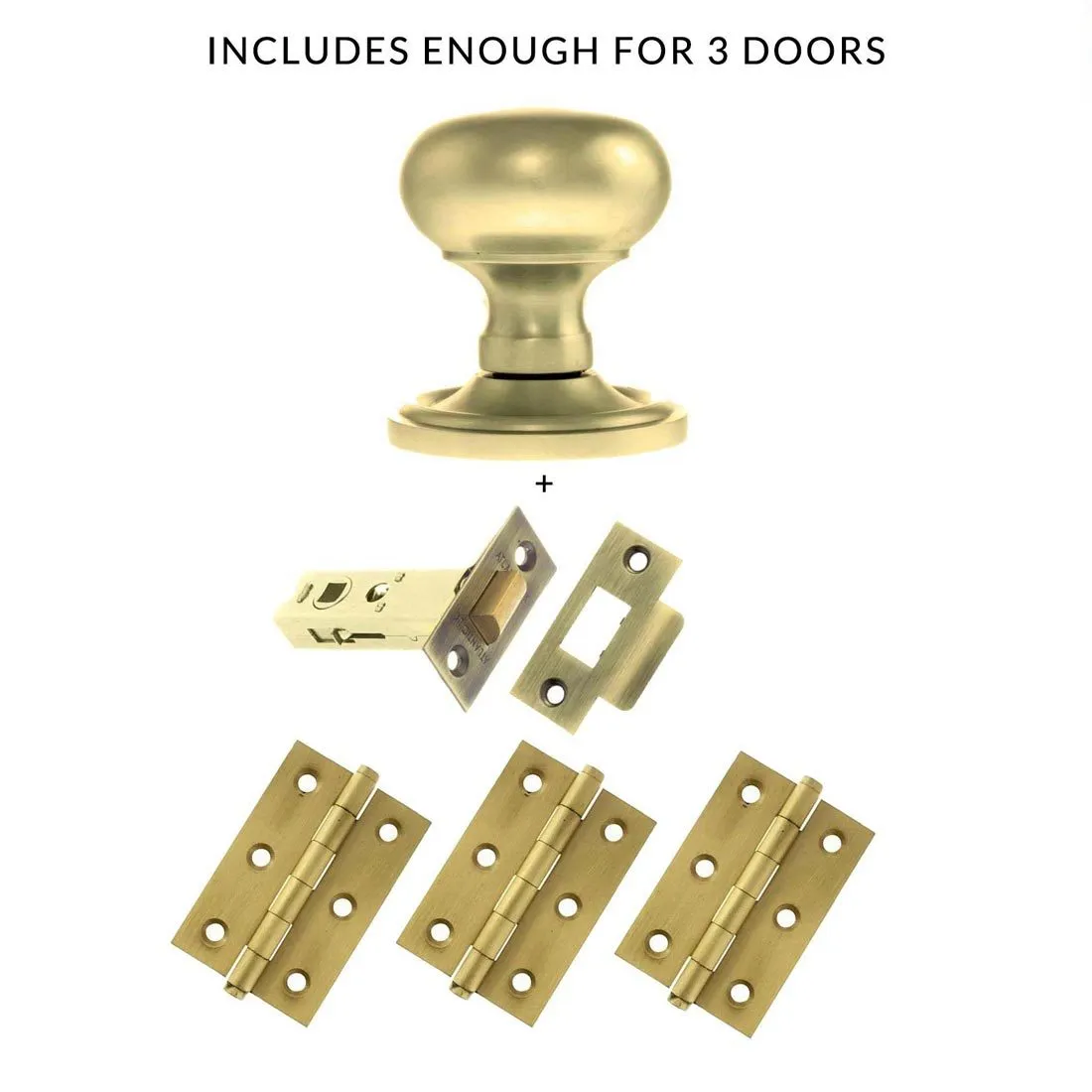 Three Pack Harrogate Mushroom Old English Mortice Knob Satin Brass Combo Handle Pack