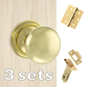 Three Pack Harrogate Mushroom Old English Mortice Knob Satin Brass Combo Handle Pack