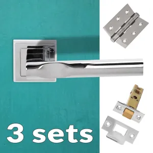 Three Pack Kansas Status Lever on Square Rose Polished Chrome Combo Handle Pack