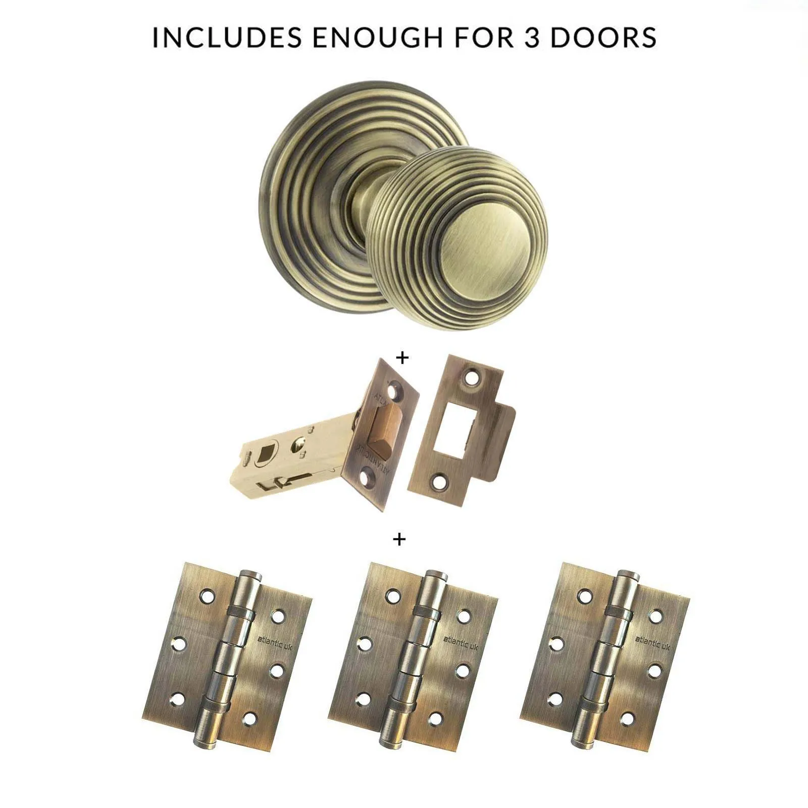 Three Pack Ripon Reeded Old English Mortice Knob Antique Brass Combo Handle Pack