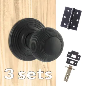 Three Pack Ripon Reeded Old English Mortice Knob Matt Black Combo Handle Pack