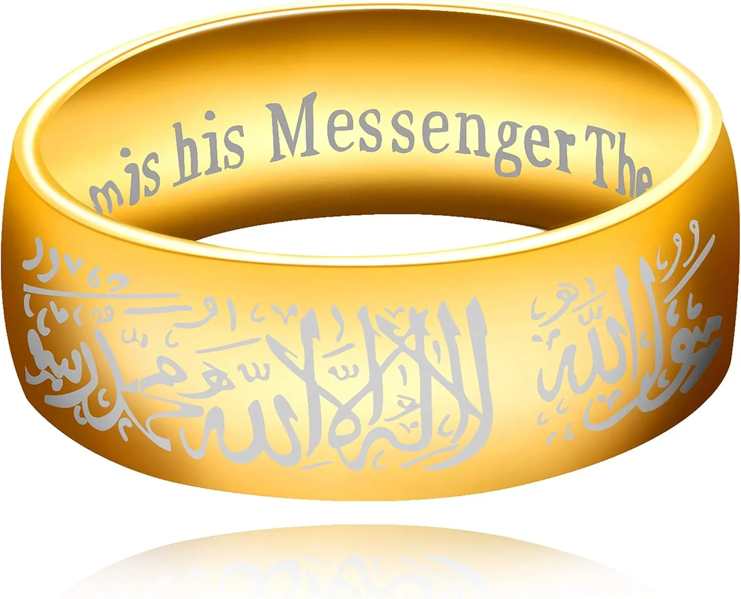 Uloveido Muslim Mohammad Arabic Letter Shahada Rings Gold Color Stainless Steel 8mm Wide Band Religious Allah Rings for Men and Women Y543