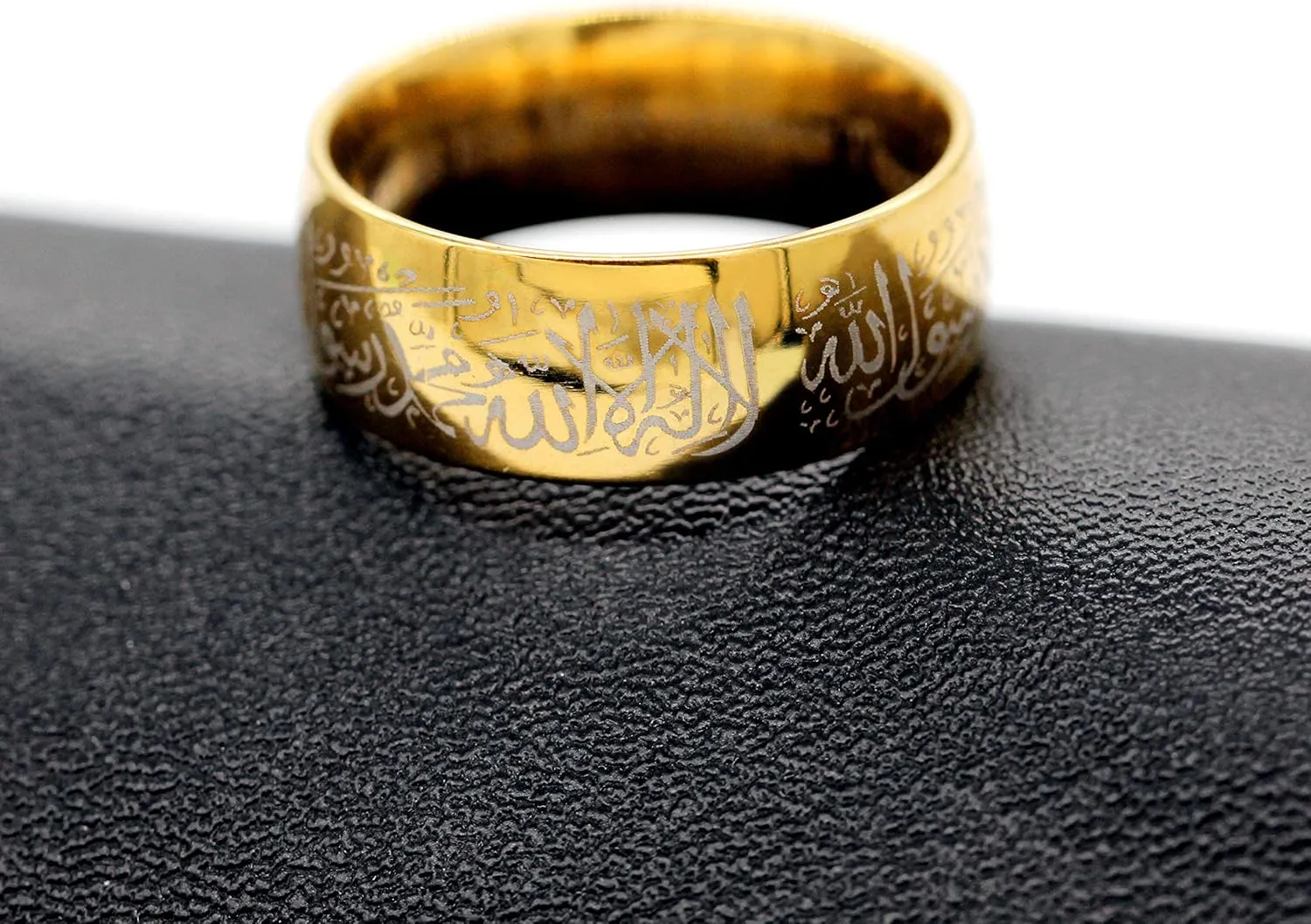 Uloveido Muslim Mohammad Arabic Letter Shahada Rings Gold Color Stainless Steel 8mm Wide Band Religious Allah Rings for Men and Women Y543