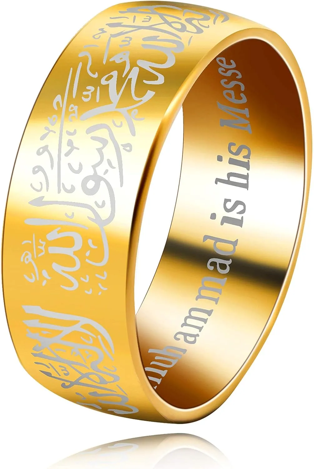 Uloveido Muslim Mohammad Arabic Letter Shahada Rings Gold Color Stainless Steel 8mm Wide Band Religious Allah Rings for Men and Women Y543