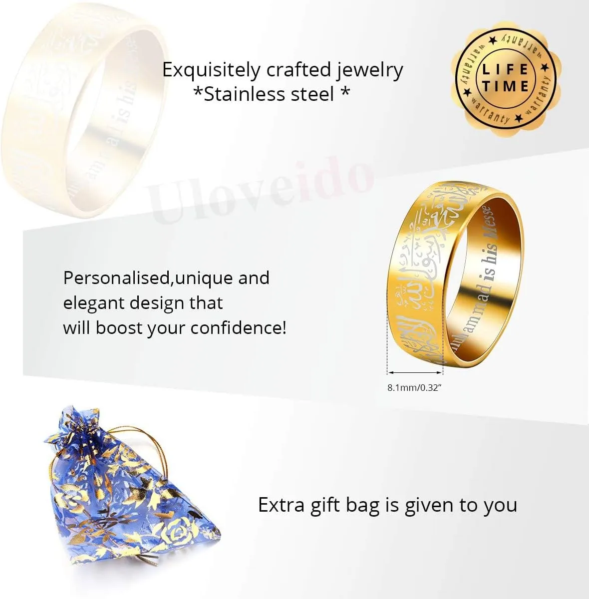 Uloveido Muslim Mohammad Arabic Letter Shahada Rings Gold Color Stainless Steel 8mm Wide Band Religious Allah Rings for Men and Women Y543