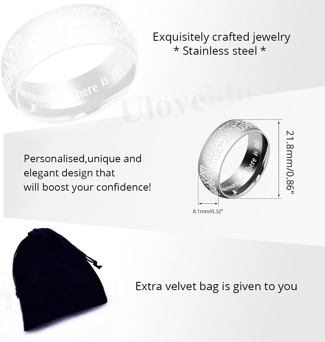 Uloveido Muslim Mohammad Arabic Letter Shahada Rings Gold Color Stainless Steel 8mm Wide Band Religious Allah Rings for Men and Women Y543