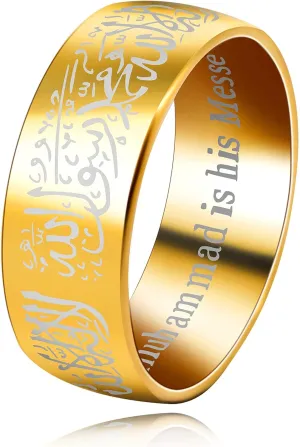 Uloveido Muslim Mohammad Arabic Letter Shahada Rings Gold Color Stainless Steel 8mm Wide Band Religious Allah Rings for Men and Women Y543