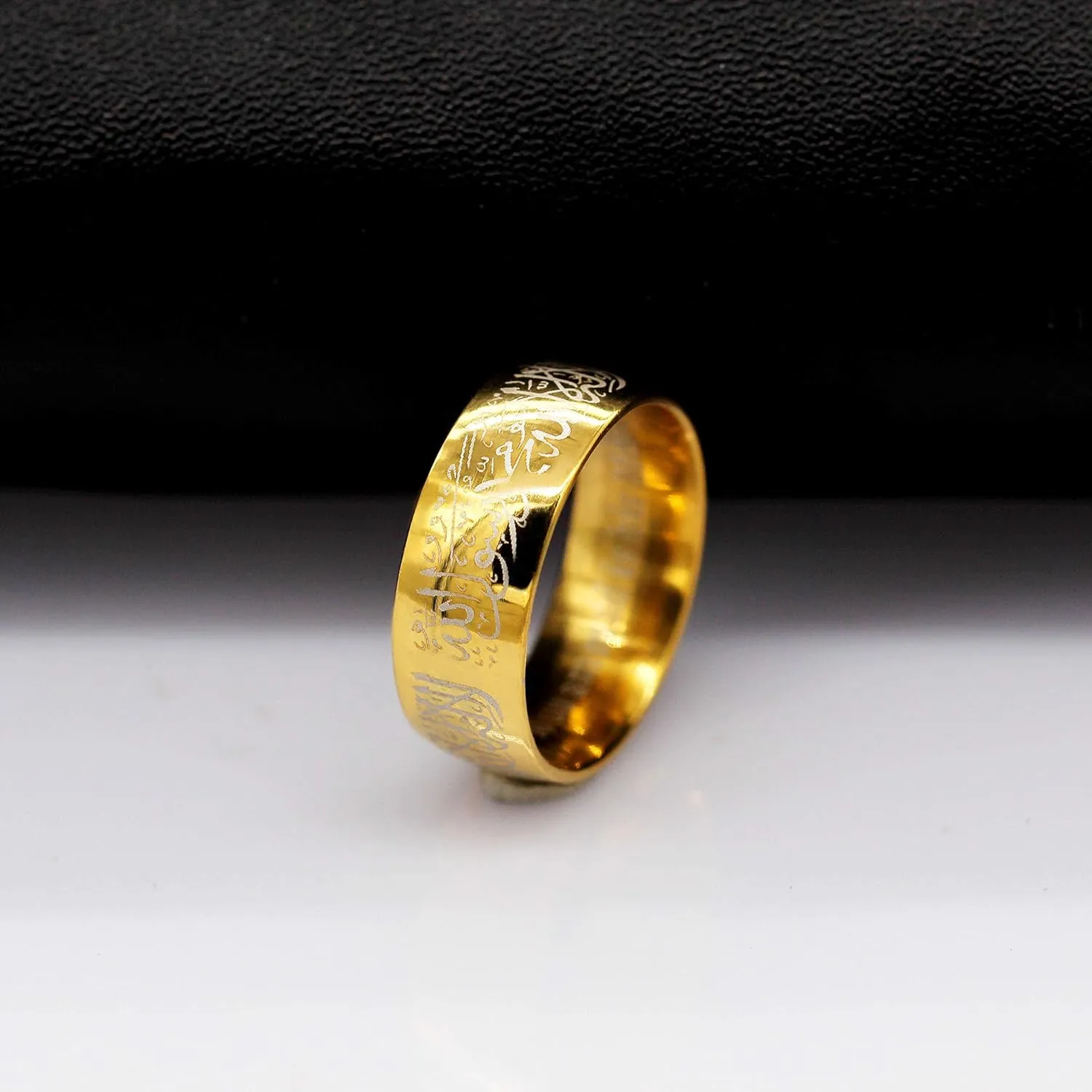 Uloveido Muslim Mohammad Arabic Letter Shahada Rings Gold Color Stainless Steel 8mm Wide Band Religious Allah Rings for Men and Women Y543