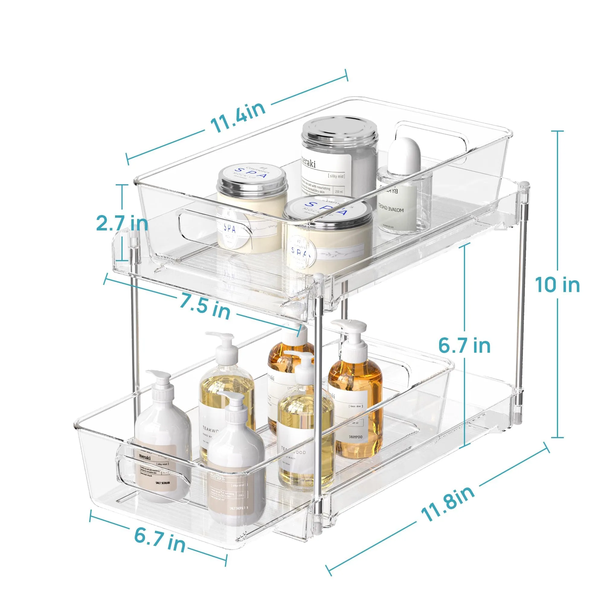 Vtopmart 4 Pack Bathroom Organizer, 2 Tier Clear Under Sink Organizers Vanity Countertop Storage Container,Cabinet Drawers Bins, Pull-Out Organization with Track for Pantry, Kitchen